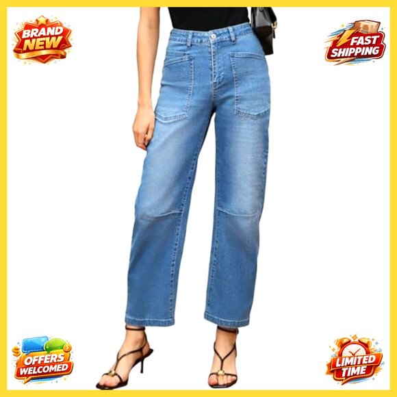 High Waisted Baggy Barrel Jeans Wide Leg Ankle Pants Stretch Denim - Picture 2 of 7